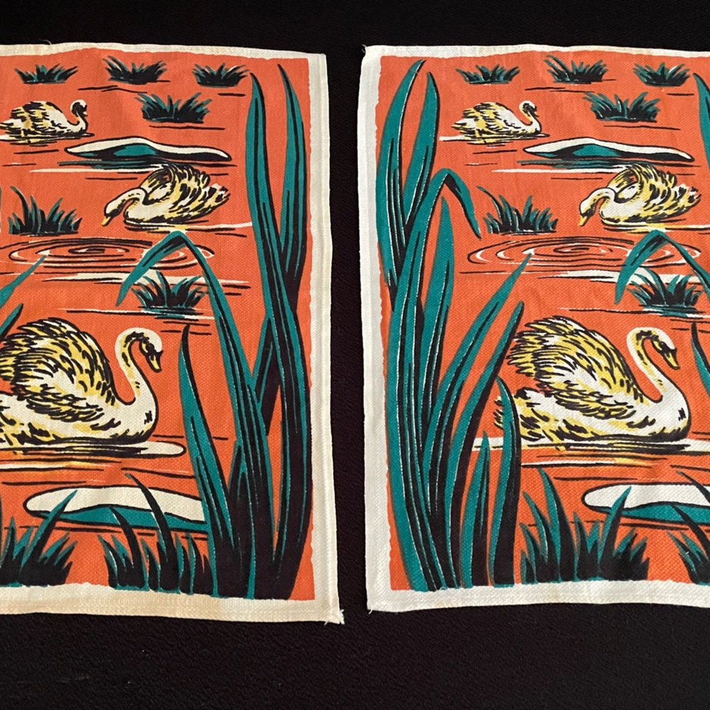 VTG mid-century Startex Handette orange/green swans decorative tea towels (x2) - Picture 3 of 12